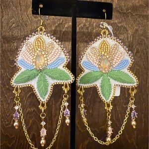 Hand Beaded Original design One of a Kind Floral Embroidered Statement Earrings